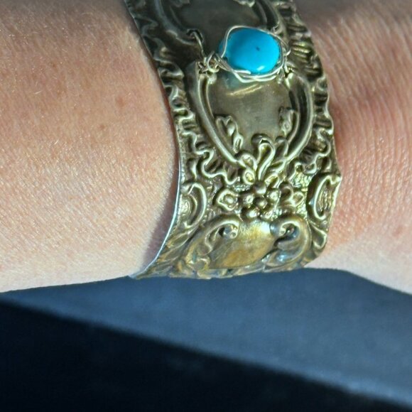 Antique Sterling Silver Cuff Bracelet Sleeping Beauty Turquoise 925 Victorian - Picture 9 of 12